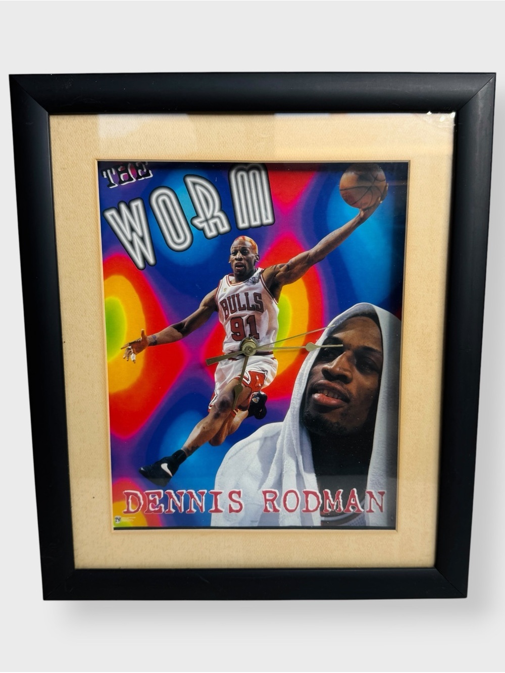 Vintage 90s Dennis Rodman The Worm Wall Clock, Quartz Movement, Framed Bulls NBA